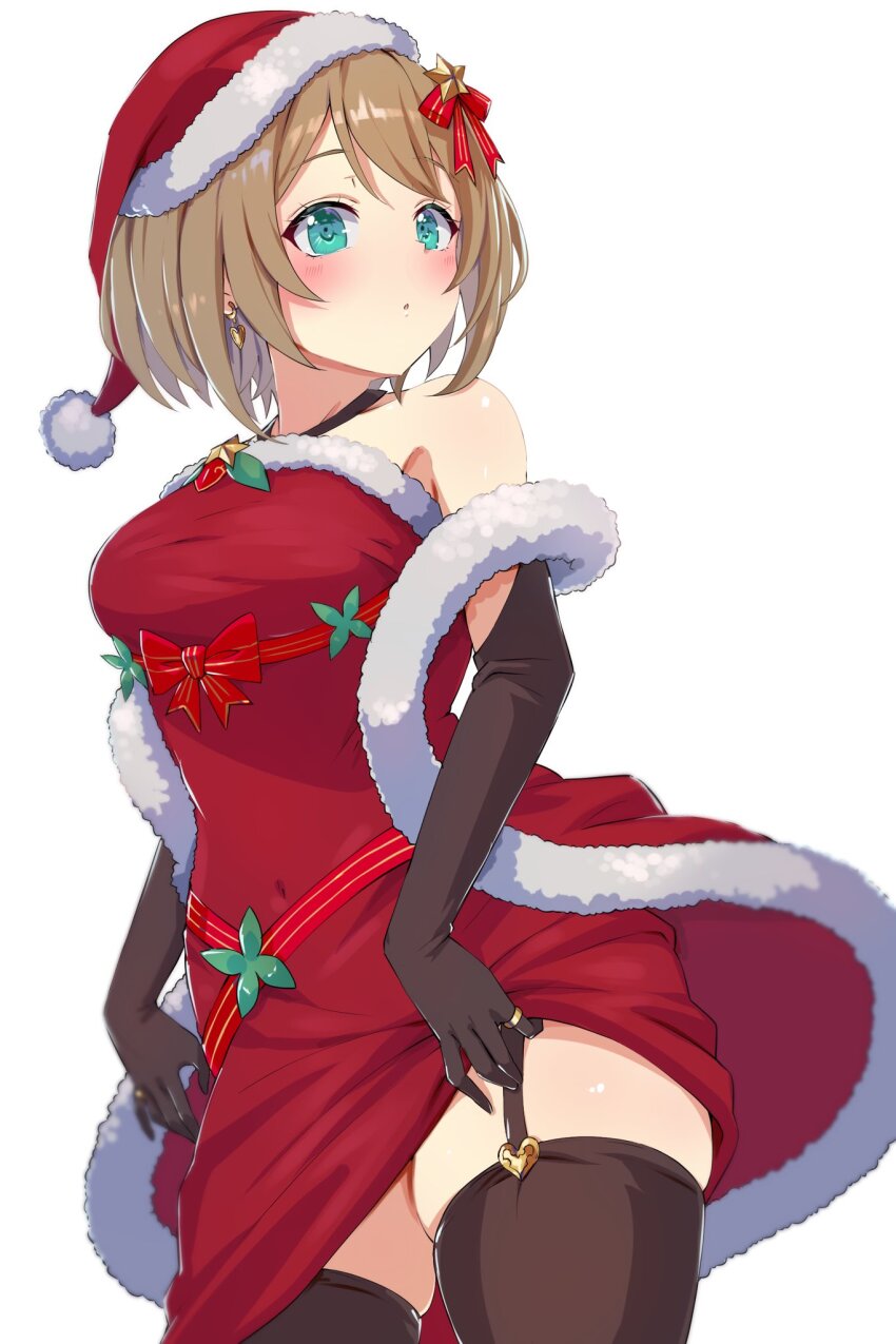 1girl aogiri_koukou aqua_eyes bare_shoulders black_gloves blush bow breasts brown_garter_straps brown_hair brown_thighhighs clothes_lift covered_navel dress dress_lift earrings elbow_gloves fur-trimmed_dress fur-trimmed_headwear fur_trim garter_straps gloves hair_bow hat heart heart_earrings highres jewelry kkix25 kurikoma_komaru lifting_own_clothes medium_breasts pom_pom_(clothes) red_bow red_dress red_hat red_ribbon ribbon santa_costume santa_dress santa_hat short_hair solo star_(symbol) thighhighs virtual_youtuber