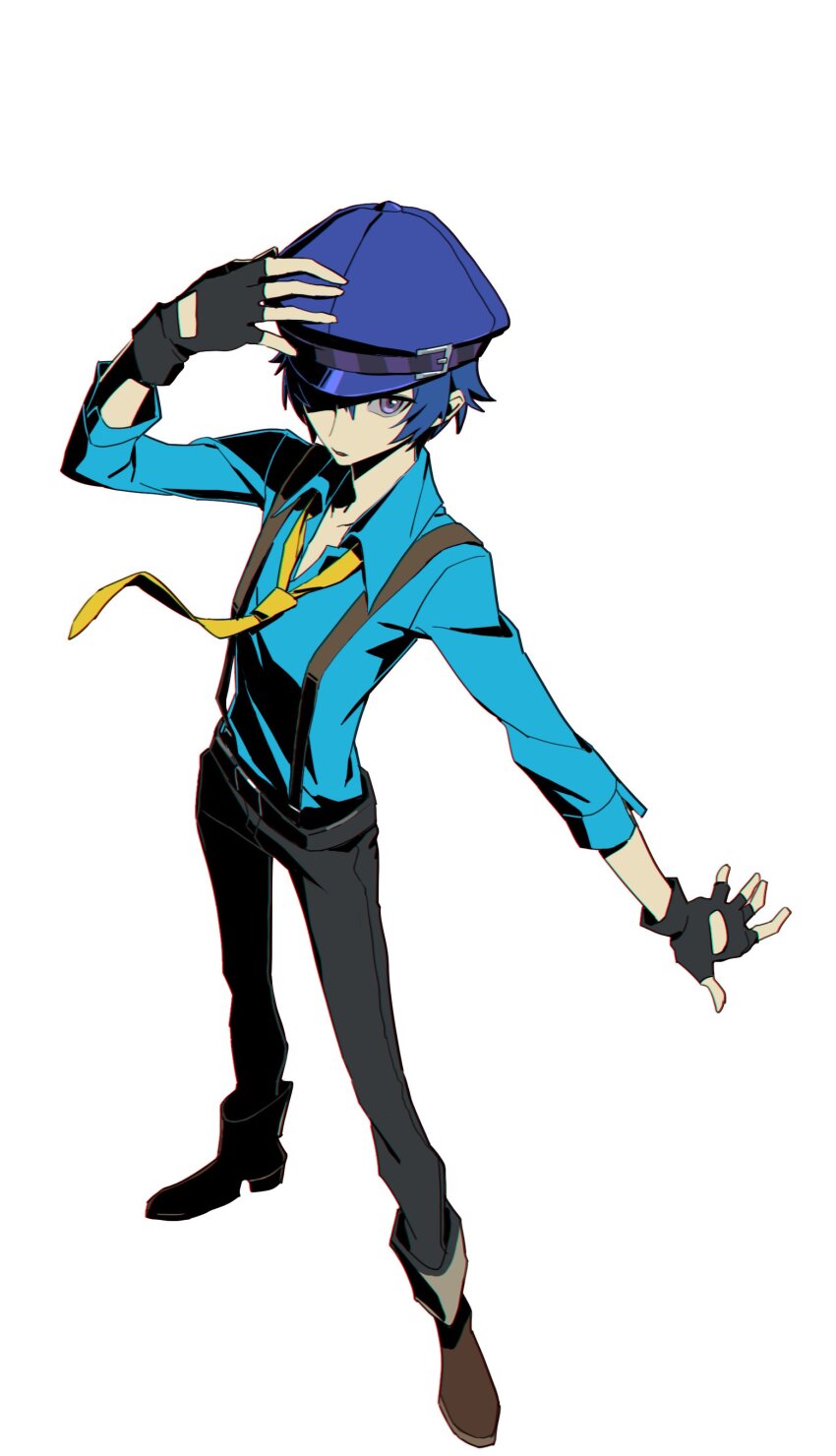 1girl absurdres black_gloves black_pants blue_hair blue_hat blue_shirt brown_shoes collared_shirt commentary_request fingerless_gloves full_body gloves hand_on_headwear hat highres loose_necktie necktie official_alternate_costume pants persona persona_4 persona_4:_dancing_all_night persona_dancing shirogane_naoto shirt shoes short_hair solo standing suspenders white_background yellow_necktie yiguanli123
