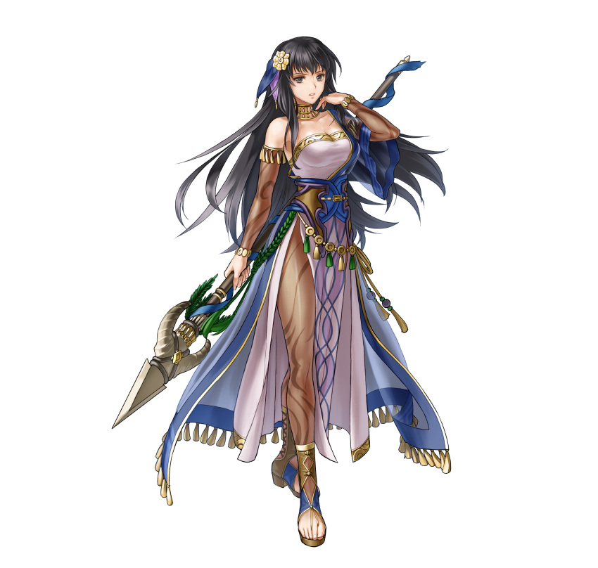 1girl absurdres bare_shoulders black_eyes black_hair breasts cleavage collarbone commentary_request dress fire_emblem fire_emblem:_the_blazing_blade fire_emblem_heroes full_body gold_trim hair_ornament hand_up highres holding holding_weapon karla_(fire_emblem) karla_(hatari)_(fire_emblem) kita_senri loincloth long_hair medium_breasts nintendo official_art pantyhose parted_lips polearm shiny_clothes short_sleeves side_slit simple_background spear strapless strapless_dress toeless_footwear toes weapon white_background wide_sleeves
