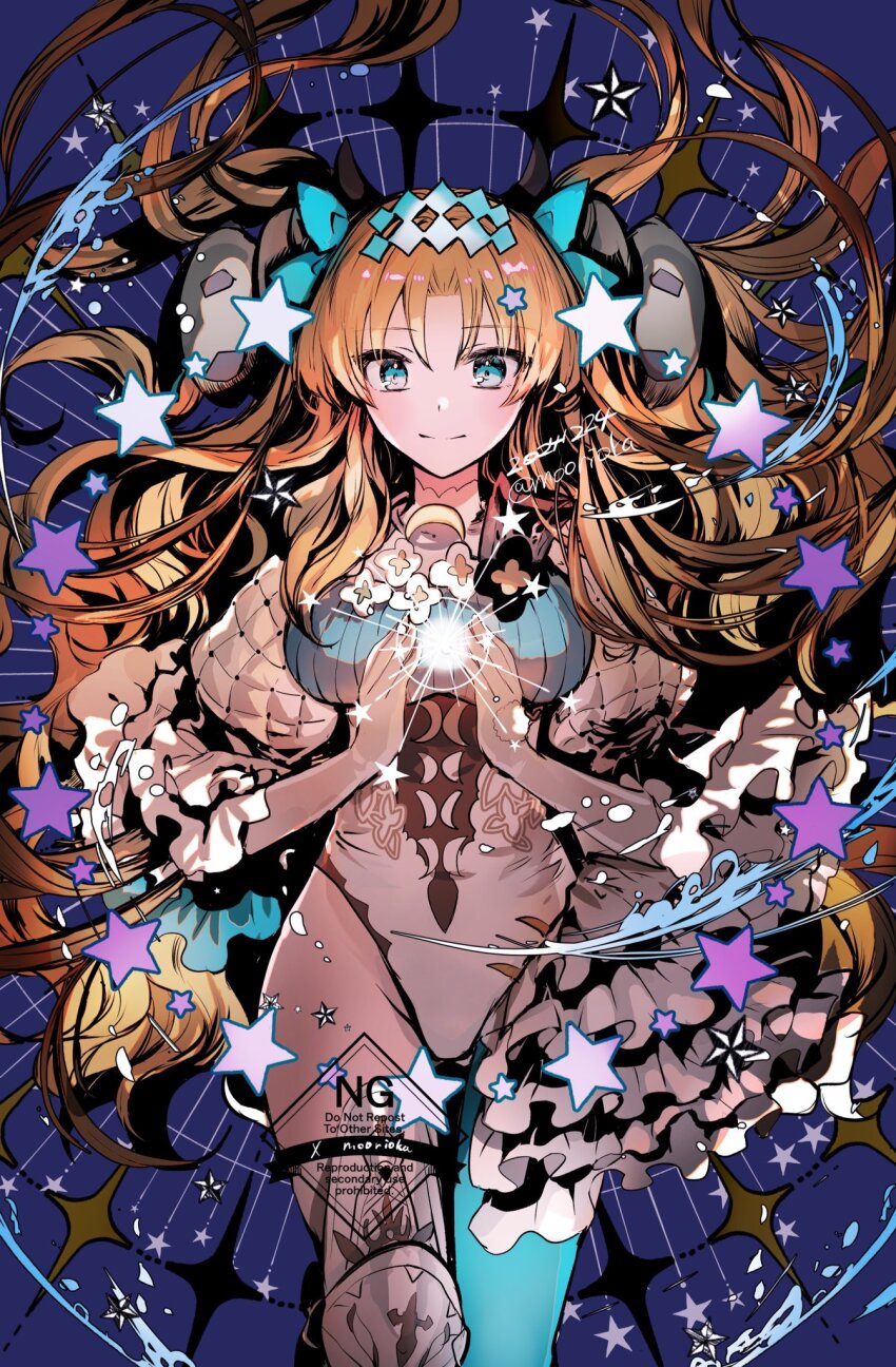 1girl blonde_hair bow breasts curled_horns elbow_gloves ereshkigal_(fate) fate/grand_order fate_(series) frills gloves green_eyes green_pantyhose hair_bow highres horns leotard long_hair long_sleeves looking_at_viewer medium_breasts pantyhose parted_bangs rioka_(southern_blue_sky) single_leg_pantyhose single_thighhigh smile solo space_ereshkigal_(fate) space_ereshkigal_(third_ascension)_(fate) thighhighs thighs two_side_up white_gloves white_leotard white_thighhighs