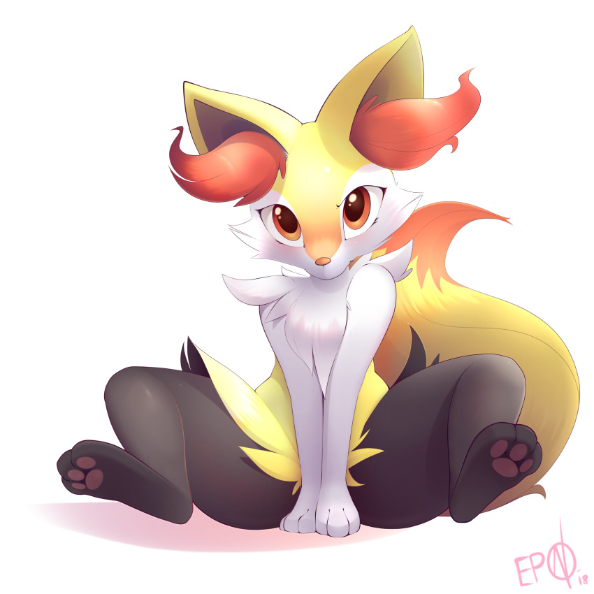 1girl absurdres animal_ear_fluff animal_ears animal_feet animal_hands artist_name b-epon black_fur blush body_fur braixen dated embarrassed feet female_focus flat_chest fox_ears fox_girl fox_tail full_body furry furry_female gen_6_pokemon highres legs_up looking_at_viewer multicolored_fur neck_fur nintendo nose_blush own_hands_together pawpads pokemon pokemon_(creature) red_eyes signature simple_background sitting solo spread_legs tail v_arms white_background white_fur yellow_fur