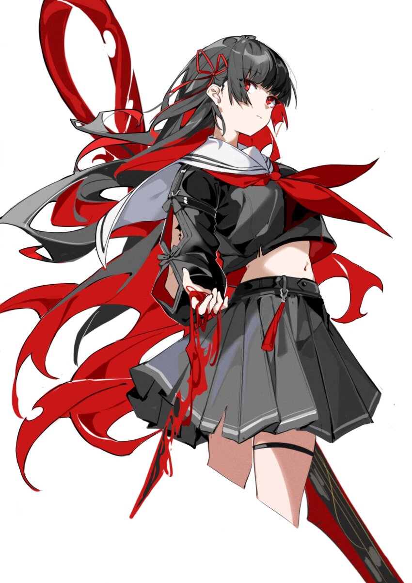 1girl black_hair black_serafuku black_shirt black_skirt chisa_(wuthering_waves) commentary cropped_legs floating_hair hair_behind_ear hair_ribbon hashtag-only_commentary highres kirschma long_hair long_sleeves looking_up midriff navel neckerchief pleated_skirt red_eyes red_neckerchief red_ribbon ribbon sailor_collar school_uniform serafuku shirt simple_background skirt solo tacet_mark_(wuthering_waves) thigh_strap white_background white_sailor_collar wuthering_waves