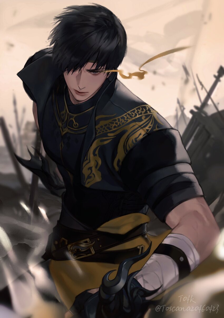 1boy arm_strap artist_name bandaged_arm bandages belt black_belt black_hair black_jacket black_shirt blurry blurry_background closed_mouth dragon_print fingerless_gloves forehead_protector gloves grey_eyes hair_over_one_eye highres jacket looking_down male_focus multiple_swords nishui_han shirt short_hair solo toscana20460423 twitter_username upper_body