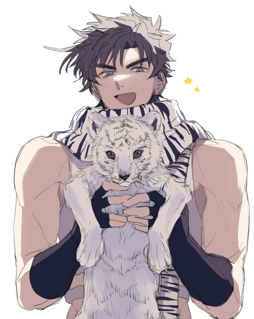 1boy animal animal_focus battle_tendency blue_eyes brown_hair fingerless_gloves gloves highres jojo_no_kimyou_na_bouken joseph_joestar leopard looking_at_viewer midriff musou_(asatomjj) open_mouth scarf smile snow_leopard solo striped_clothes striped_scarf