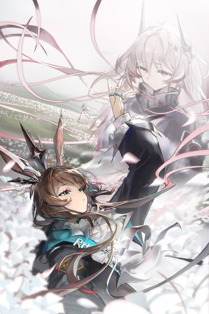2girls amiya_(arknights) amiya_(medic)_(arknights) animal_ears arknights black_jacket brown_hair chinese_commentary closed_mouth dress field flower flower_field green_eyes hair_between_eyes high_collar highres jacket jewelry long_hair long_sleeves looking_at_another lying mag_(mag42) multiple_girls on_back outdoors pink_eyes pink_hair rabbit_ears rabbit_girl ring sidelocks smile theresa_(arknights) white_dress white_flower