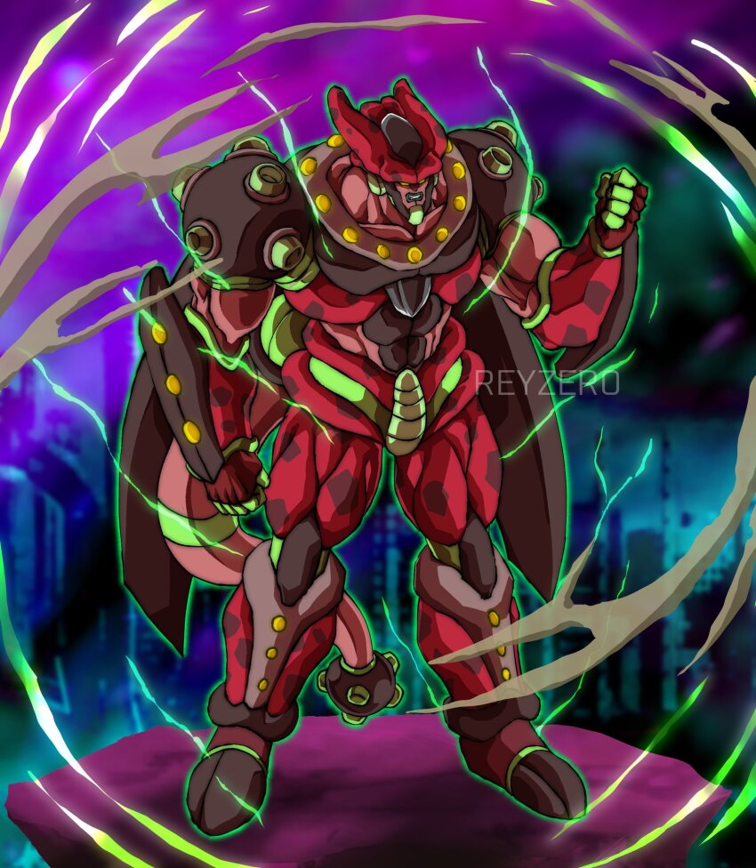 1other arm_up armor artist_name aura biomechanical black_carapace black_wings carapace cell_max cityscape clenched_hands colored_skin commentary dragon_ball dragon_ball_super dragon_ball_super_super_hero english_commentary full_body green_aura green_carapace green_lightning green_skin highres insect_wings mace monster muscular outer_glow pink_skin red_carapace redesign reykovlor shoulder_armor solo tail weapon wings yellow_eyes