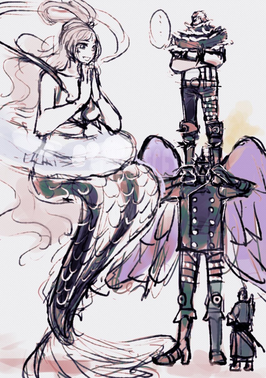 ... 1girl 3boys boots charlotte_katakuri commentary crossed_arms hagoromo highres king_(one_piece) long_hair looking_at_another mermaid monster_girl multiple_boys on_shoulder one_piece purple_wings roronoa_zoro scarf shawl shirahoshi short_hair size_difference sketch smile wings ysnfjkw