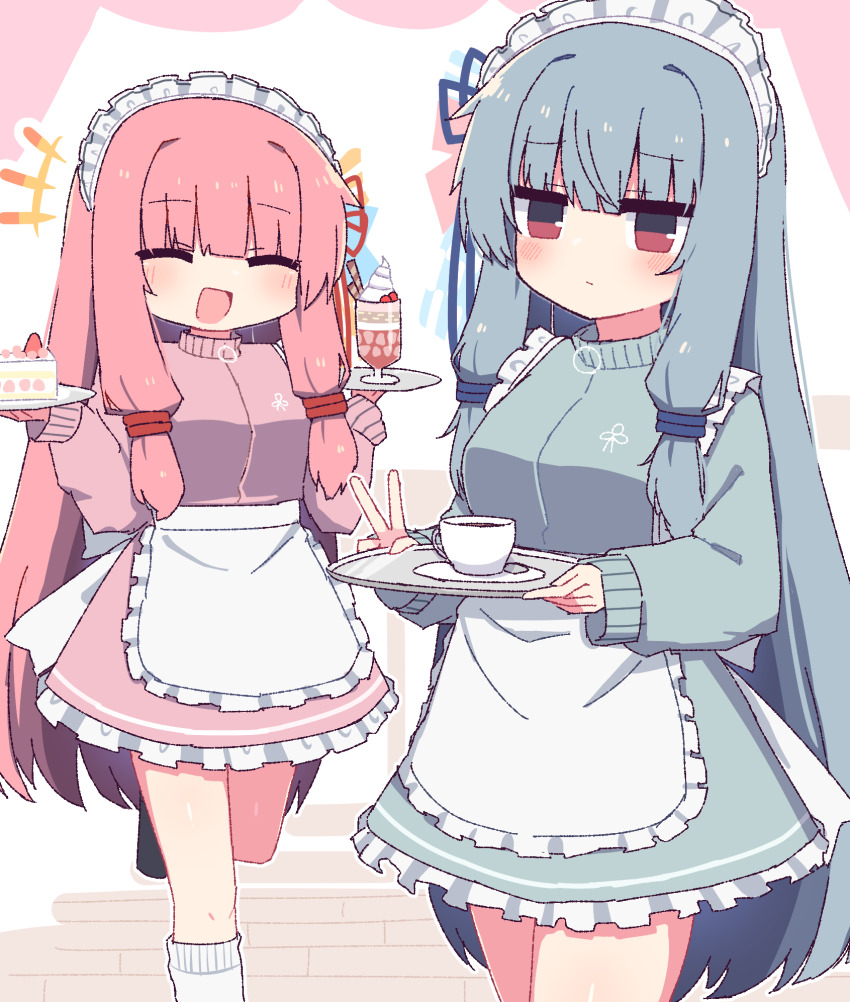 2girls alternate_costume apron blue_hair blue_jacket cake cake_slice coffee commentary dated_commentary dessert food gesture hibino_000 highres holding holding_plate holding_tray jacket jersey_maid kotonoha_akane kotonoha_aoi maid maid_apron maid_headdress multiple_girls open_mouth pink_hair pink_jacket plate red_eyes siblings sisters smile socks tray twins unconventional_maid voiceroid white_apron white_socks