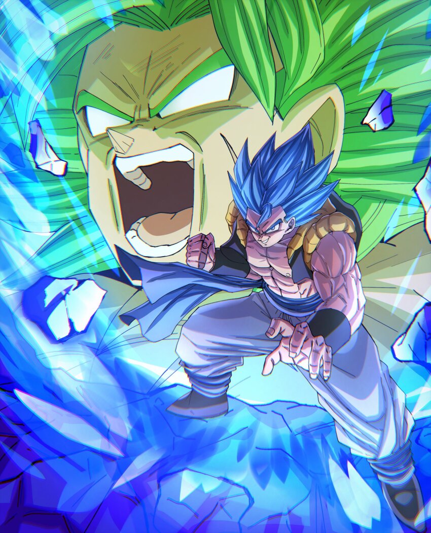 2boys abs absurdres aura blue_aura blue_eyes blue_hair broly_(dragon_ball_super) chiro_illust commentary_request debris dragon_ball dragon_ball_super dragon_ball_super_broly gogeta green_hair highres multiple_boys muscular muscular_male no_pupils open_mouth pants pectorals smile white_pants