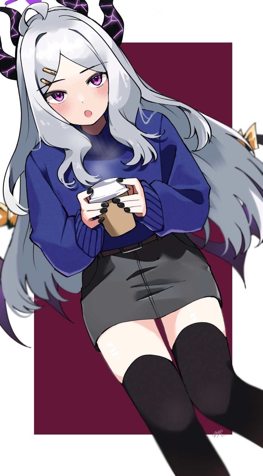 1girl absurdres ahoge black_halo black_skirt black_thighhighs blue_archive blush breasts cup demon_girl demon_horns demon_wings halo highres hina_(blue_archive) holding holding_cup horns long_hair looking_at_viewer purple_eyes simple_background skirt small_breasts solo thighhighs white_hair wings zettai_ryouiki zono_(inokura_syuzo029)