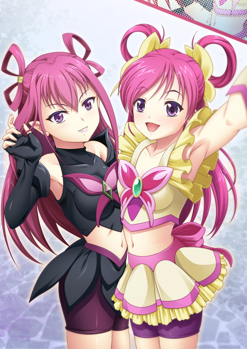 2girls bike_shorts black_gloves black_skirt bow breasts butterfly_ornament commentary cowboy_shot cure_dream dark_cure_(yes!_precure_5) dark_dream dark_persona detached_sleeves fingerless_gloves frilled_skirt frills gem gloves grin hidingnightmare highres long_hair magical_girl midriff multiple_girls navel open_mouth pink_bow pink_hair pointy_ears precure purple_eyes simple_background skirt small_breasts smile swept_bangs teeth yellow_bow yellow_skirt yes!_precure_5 yumehara_nozomi