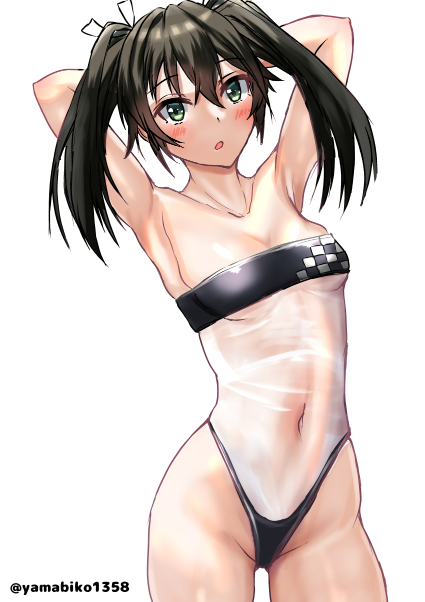 1girl absurdres arms_behind_head black_hair breasts casual_one-piece_swimsuit cleavage green_eyes gris_swimsuit highres kantai_collection long_hair looking_at_viewer meme_attire mizuki_(uzuki_no_sato) one-piece_swimsuit simple_background small_breasts solo standing swimsuit white_background zuikaku_(kancolle)