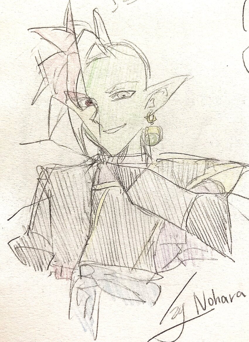 1boy black_bodysuit blue_sash bodysuit colored_skin crack dougi dragon_ball dragon_ball_super earrings evil_smile goku_black green_skin grey_eyes grin highres jewelry long_sleeves looking_at_viewer mohawk pink_eyes pink_hair pointy_ears potara_earrings purple_shirt quan_jiang91329 red_sash saiyan sash shirt short_hair smile smirk super_saiyan super_saiyan_rose traditional_media white_hair zamasu
