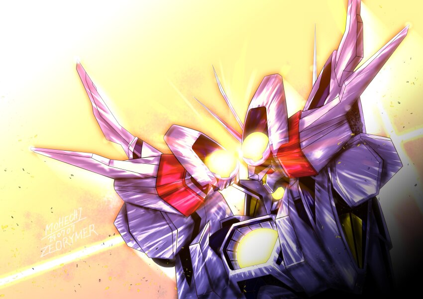 absurdres clenched_hands glowing glowing_eye hades_project_zeorymer highres horns mecha mecha_focus no_humans one-eyed robot science_fiction scottmohechi single_horn solo standing super_robot yellow_eyes zeorymer
