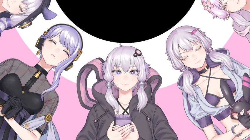 5girls bikini black_background black_choker black_dress black_gloves black_hoodie bracelet breasts cevio cherry_blossoms choker closed_eyes collarbone criss-cross_halter cropped_hoodie dress expressionless fingerless_gloves flower gloves hair_flower hair_ornament hairclip half_gloves halter_dress halterneck hands_on_own_chest headphones highres holding holding_mask hood hood_down hoodie jewelry light_purple_hair long_eyelashes looking_at_viewer mashima_jirou mask multicolored_background multiple_girls multiple_persona open_clothes open_hoodie out_of_frame own_hands_clasped own_hands_together partially_unzipped pink_background pink_hair pink_hoodie purple_bikini purple_dress purple_eyes rabbit_mask race_queen ribbed_dress see-through_clothes see-through_sleeves shawl short_hair_with_long_locks short_sleeves single_sidelock small_breasts smile stomach straight-on swimsuit two-tone_hoodie unworn_mask upper_body vocaloid voiceroid white_background yuzuki_yukari yuzuki_yukari_(lin) yuzuki_yukari_(onn) yuzuki_yukari_(rei)