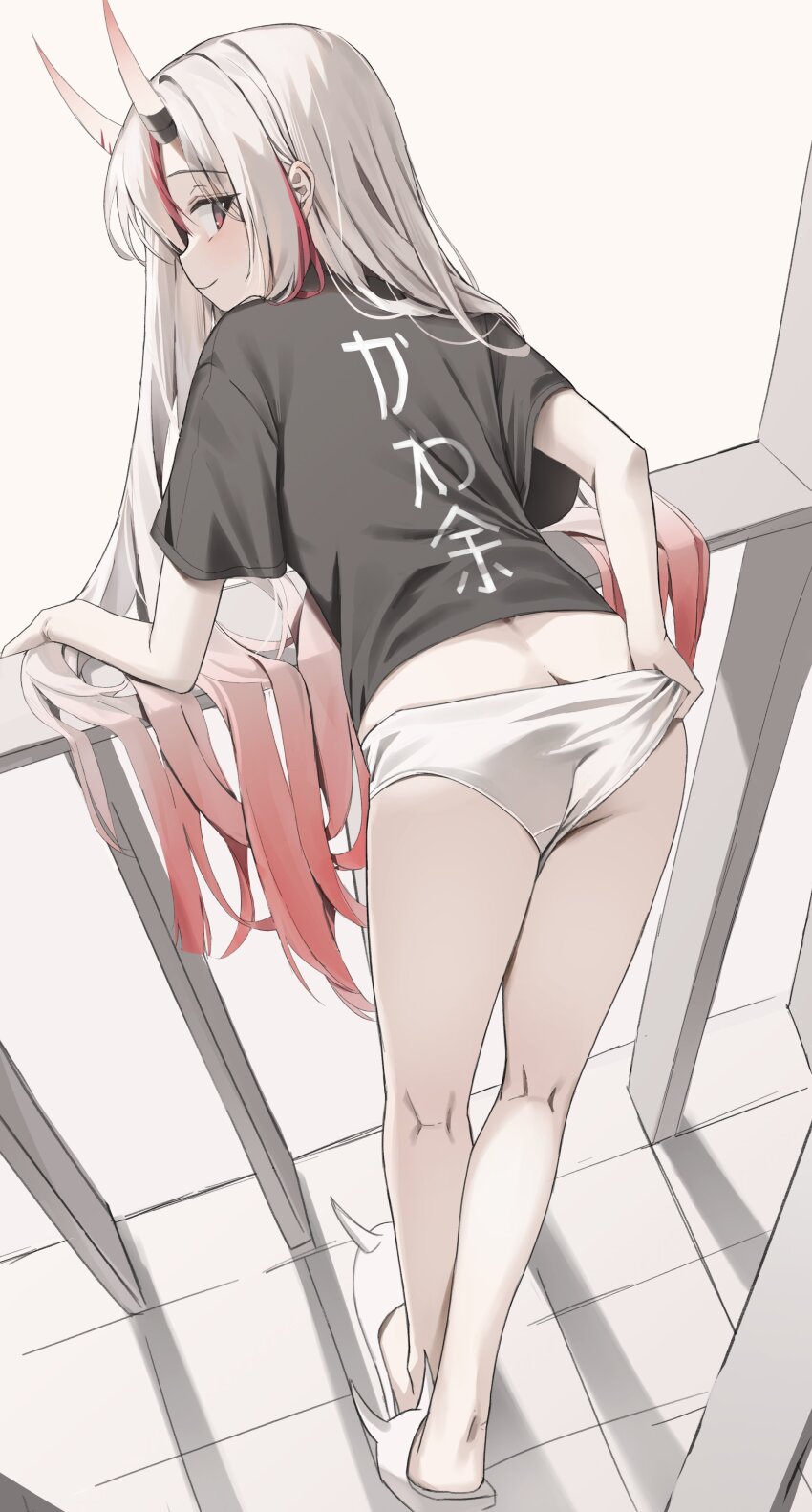 1girl absurdres alternate_costume animal_slippers ass balcony black_shirt bunny_slippers gradient_hair grey_hair highres hololive horns looking_back multicolored_hair nakiri_ayame no_pants oni panties red_hair scarlet_(wv0102) shirt skin-covered_horns slippers solo streaked_hair t-shirt underwear virtual_youtuber white_panties white_slippers