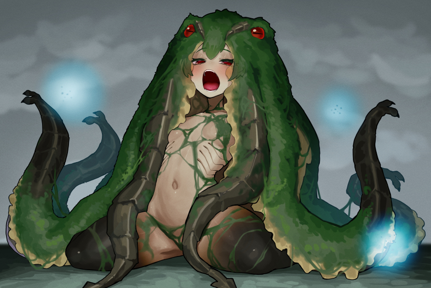 1girl absurdres breasts commentary ekrea_jan full_body grey_sky half-closed_eyes highres looking_at_viewer monster_girl monster_hunter_(series) navel open_mouth personification red_eyes scylla sitting sky slime_(substance) small_breasts solo stomach tentacles wariza yama_tsukami