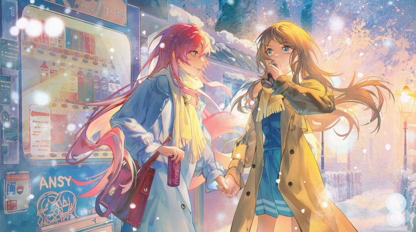 2girls absurdres bang_dream! bang_dream!_it&#039;s_mygo!!!!! blue_eyes blue_shirt blue_skirt blush brown_coat brown_hair can cang_(akaga204) chihaya_anon chinese_commentary coat coca-cola commentary_request drinking grey_coat grey_eyes highres holding holding_can holding_hands long_hair long_sleeves multiple_girls nagasaki_soyo open_clothes open_coat open_mouth outdoors pink_hair pleated_skirt red_bag scarf school_uniform ship_name shirt skirt snow tsukinomori_school_uniform watermark white_scarf winter_clothes yellow_scarf yuri