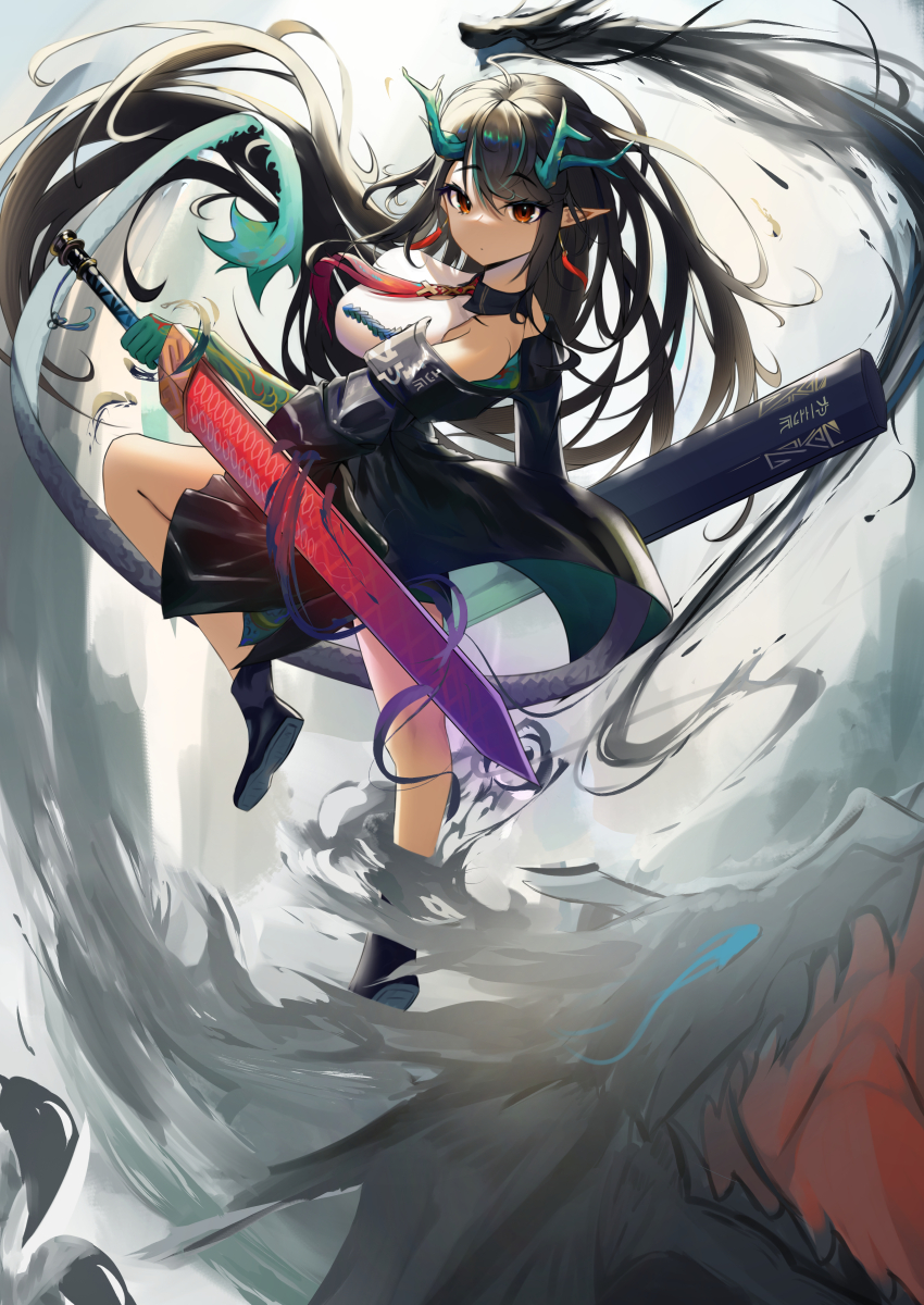 1girl absurdres arknights black_jacket colored_skin dragon_girl dragon_horns dragon_tail dress dusk_(arknights) earrings eastern_dragon_tail gradient_skin green_horns green_skin hair_over_one_eye highres holding holding_sword holding_weapon horns jacket jewelry multicolored_hair necktie pointy_ears red_necktie solo streaked_hair sword tail tassel tassel_earrings weapon white_dress yuki_(yuki_yu_owo)