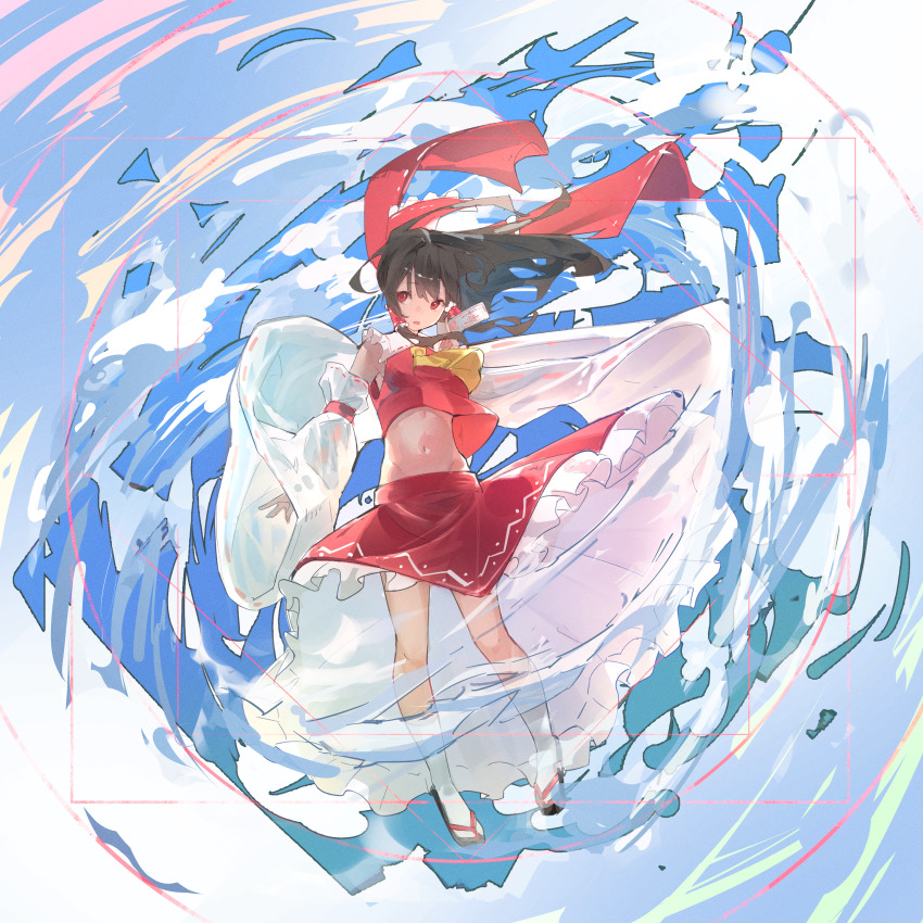 1girl absurdres ascot between_fingers bow brown_hair commentary detached_sleeves frilled_bow frilled_hair_tubes frilled_skirt frills full_body hair_bow hair_tubes hakurei_reimu highres holding kneehighs kurukuru1202kr long_hair looking_at_viewer magic_circle midriff navel ofuda ofuda_between_fingers red_bow red_eyes red_skirt ribbon-trimmed_sleeves ribbon_trim sandals skirt skirt_set socks solo touhou white_socks yellow_ascot