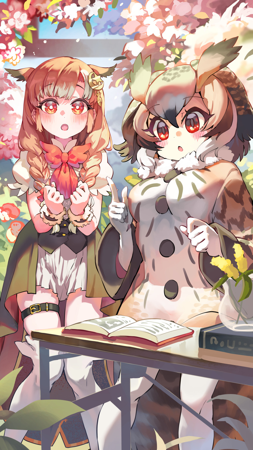 2girls :o absurdres belt blush book bow bowtie braid breasts brown_hair character_request clenched_hands coat commentary commission dot_nose eurasian_eagle_owl_(kemono_friends) flower fur_collar gloves hair_between_eyes hair_ornament head_wings highres index_finger_raised kemono_friends knees_together_feet_apart long_hair medium_breasts melaton multicolored_hair multiple_girls orange_eyes orange_hair outdoors plant red_bow red_bowtie red_eyes short_hair skeb_commission skirt table thigh_belt thigh_strap twin_braids white_gloves white_hair white_skirt wings wrist_cuffs x_hair_ornament
