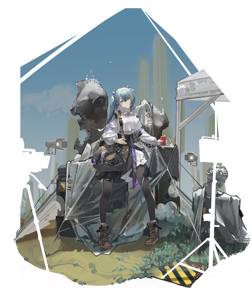 1girl absurdres alternate_costume ankle_boots aqua_eyes aqua_hair bag belt black_pantyhose black_skirt blouse blue_belt boots brown_boots can capelet coca-cola commentary_request cross-laced_clothes cross-laced_sleeves diorama drink_can earrings frilled_shirt frills full_body hair_ornament hatsune_miku head_tilt high-waist_skirt high_collar highres holding holding_can jewelry lace-up_boots legs_apart light_smile long_sleeves looking_at_viewer mixed-language_commentary neck_ribbon open_belt openvl outdoors pantyhose partially_undressed pleated_skirt pouch puffy_sleeves ribbon russian_text satchel shirt skirt soda_can solo spotlight standing statue straight-on studio_lights translated twintails vocaloid white_capelet white_shirt