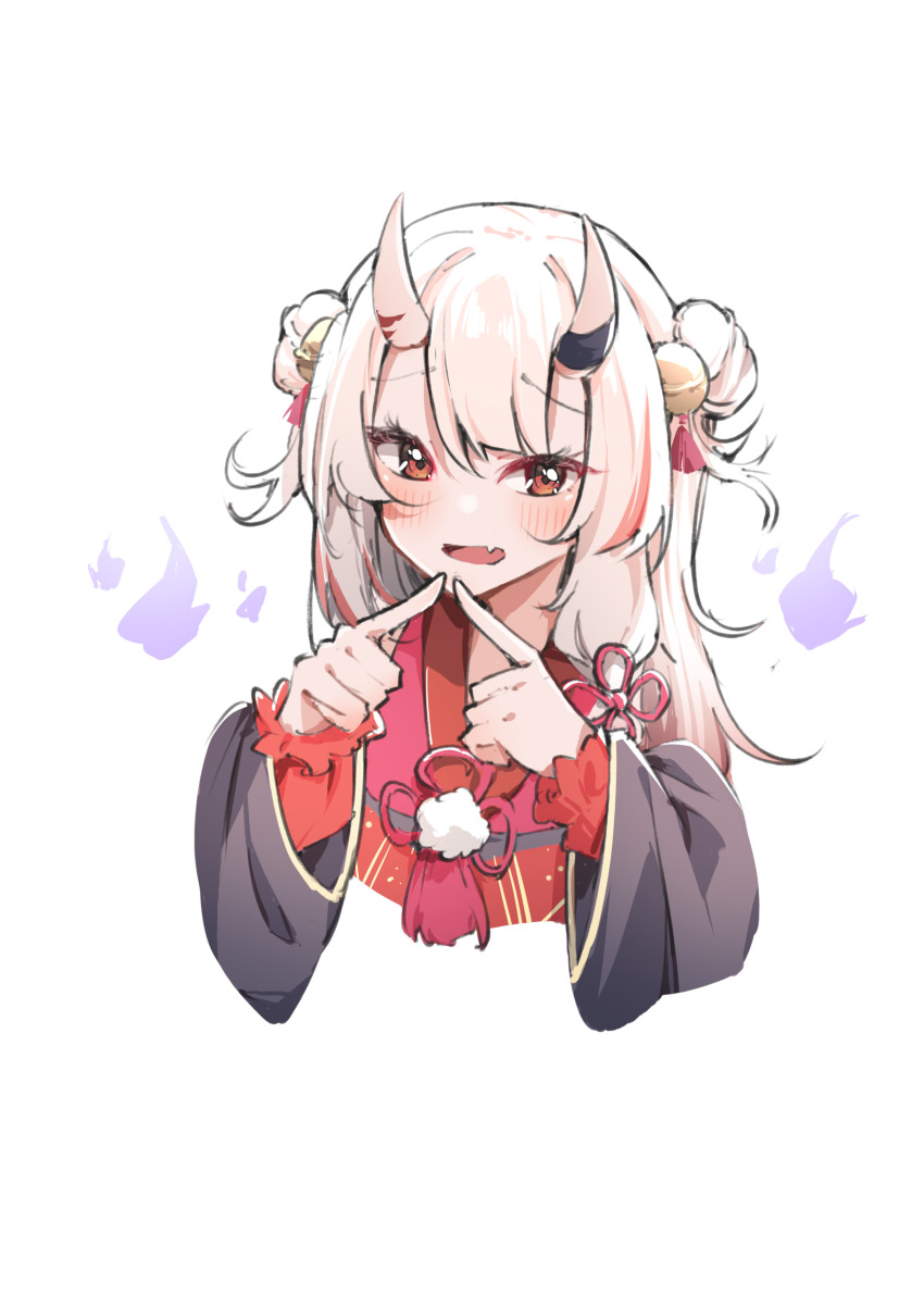 1girl absurdres airenif bell blush double_bun fang gradient_hair grey_hair hair_bell hair_bun hair_ornament highres hololive horns japanese_clothes jingle_bell kimono looking_at_viewer multicolored_hair nakiri_ayame nakiri_ayame_(1st_costume) oni open_mouth red_eyes red_hair red_kimono skin-covered_horns skin_fang solo streaked_hair virtual_youtuber