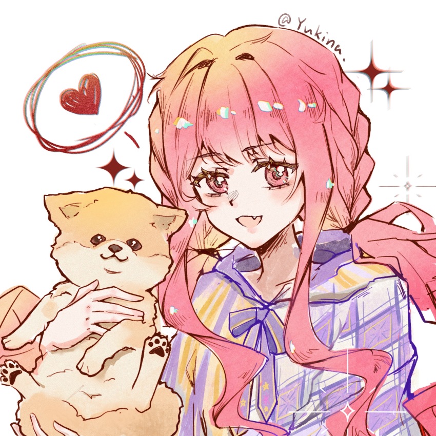 1girl animal argyle_cloak argyle_clothes artist_name bow bowtie braid chinese_commentary cloak commentary_request dog dot_nose eyelashes fang floof_(infinity_nikki) hair_intakes hair_tie happy heart highres holding holding_animal holding_dog hood hood_down hooded_cloak infinity_nikki light_blush long_hair long_sidelocks looking_at_viewer low_twintails nikki_(nikki) nikki_(series) open_mouth pink_eyes pink_hair purple_bow purple_bowtie purple_cloak shiba_inu sidelocks simple_background smile sparkle speech_bubble split-color_clothes spoken_heart striped_clothes twin_braids twintails two-tone_cloak upper_body vertical-striped_cloak vertical-striped_clothes very_long_hair wavy_hair white_background yellow_cloak yukina_(xuenaiqianying719)