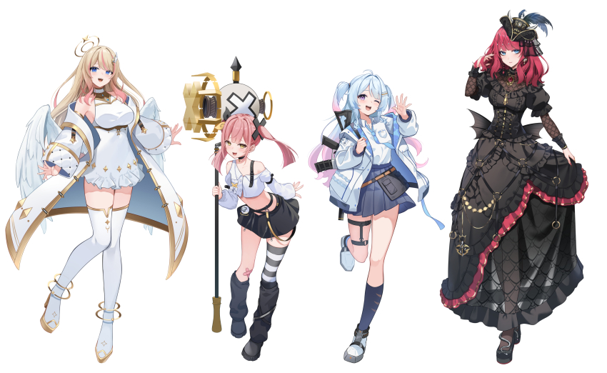4girls ;d adjusting_hair ahoge akatsuki_hotaru angel angel_wings ar-15 assault_rifle asymmetrical_legwear asymmetrical_shirt bandaid bandaid_on_knee bandaid_on_leg belt black_dress black_hat black_leg_warmers black_pantyhose black_shoes black_skirt black_socks blonde_hair blue_eyes blue_hair blue_necktie blue_socks blunt_bangs blunt_ends breasts brooch choker clothing_cutout collared_shirt commentary_request corset cropped_shirt cross cross-laced_clothes cross-laced_corset cross_choker crossed_legs dress earrings fang fishnet_sleeves fishnets flat_chest frilled_dress frilled_sleeves frills full_body furrowed_brow gold_earrings gold_necklace gold_trim goth_fashion gradient_hair gun hair_intakes hair_ornament hairpin halo hammer hat hestia_happiness highres holding holding_hammer holding_weapon hoop_skirt huge_weapon jacket jewelry kitatyoco large_breasts layered_sleeves leg_up leg_warmers light_blush lineup long_dress long_hair long_sleeves looking_at_viewer medium_breasts midriff miniskirt mismatched_legwear multicolored_hair multiple_girls navel necklace necktie o-ring okamoto_nagi one_eye_closed open_clothes open_jacket open_mouth pantyhose pink_hair platform_shoes pleated_skirt puffy_short_sleeves puffy_sleeves purple_eyes red_hair red_nails rifle see-through_clothes see-through_skirt shirt shirt_tucked_in shoes short_over_long_sleeves short_sleeves shoulder_cutout simple_background single_off_shoulder single_thighhigh skin_fang skirt skirt_hold sledgehammer sleeve_belt sleeve_cuffs sleeveless sleeveless_dress smile socks standing standing_on_one_leg streaked_hair striped_clothes striped_thighhighs teeth thigh_belt thigh_strap thighhighs tricorne twintails two_side_up unconventional_weapon upper_teeth_only virtual_youtuber vshojo waist_bag watson_cross waving_hands weapon white_background white_dress white_jacket white_shirt white_shoes white_thighhighs wing_collar wings x_hair_ornament yellow_eyes yellow_halo yutori_peke zipper_skirt