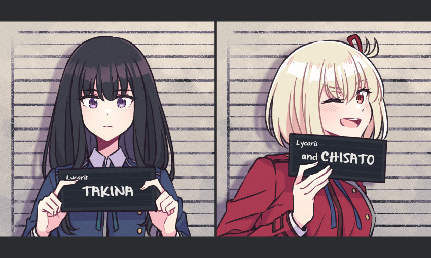 2girls :| akamirai black_hair blonde_hair blue_jacket closed_mouth hair_ribbon highres holding holding_sign inoue_takina jacket long_hair looking_at_viewer lycoris_recoil lycoris_uniform mugshot multiple_girls nishikigi_chisato one_eye_closed open_mouth purple_eyes red_jacket red_ribbon ribbon short_hair sign smile