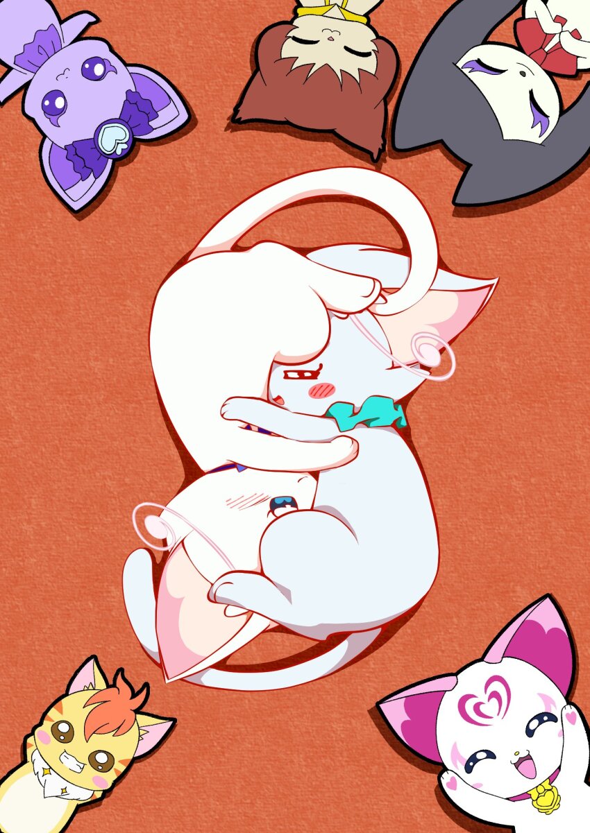 2boys 5girls @est@ animalization blue_eyes cat closed_eyes collar commentary_request davi_(dokidoki!_precure) dokidoki!_precure go!_princess_precure healin&#039;_good_precure highres hug hummy_(suite_precure) international_cat_day kuroro_(go!_princess_precure) lying miss_siamour multiple_boys multiple_girls nekoyashiki_mayu nekoyashiki_yuki nekoyashiki_yuki_(cat) nyatoran_(precure) on_side precure suite_precure tail white_fur wonderful_precure! yellow_fur