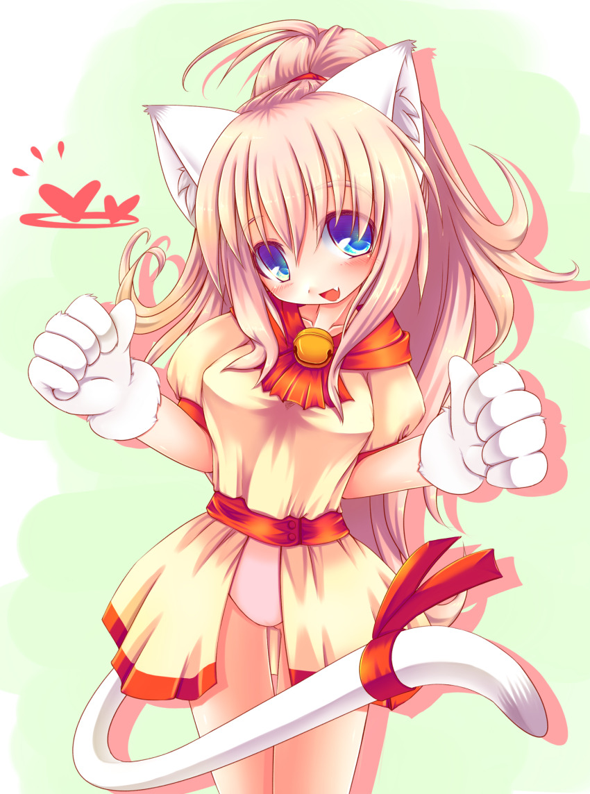 1girl animal_ears animal_hands bell blue_eyes breasts cat_ears cat_paws cat_tail clenched_hands cowboy_shot dress fang gloves hair_between_eyes head_tilt heart high_ponytail highres leotard long_hair looking_at_viewer melody_sinclair murasaki_shouyu open_mouth paw_gloves pink_hair pink_leotard ponytail ribbon simple_background smile solo standing tail tail_ornament tail_ribbon thighs tooth wide_ponytail yellow_dress yuukyuu_gensoukyoku