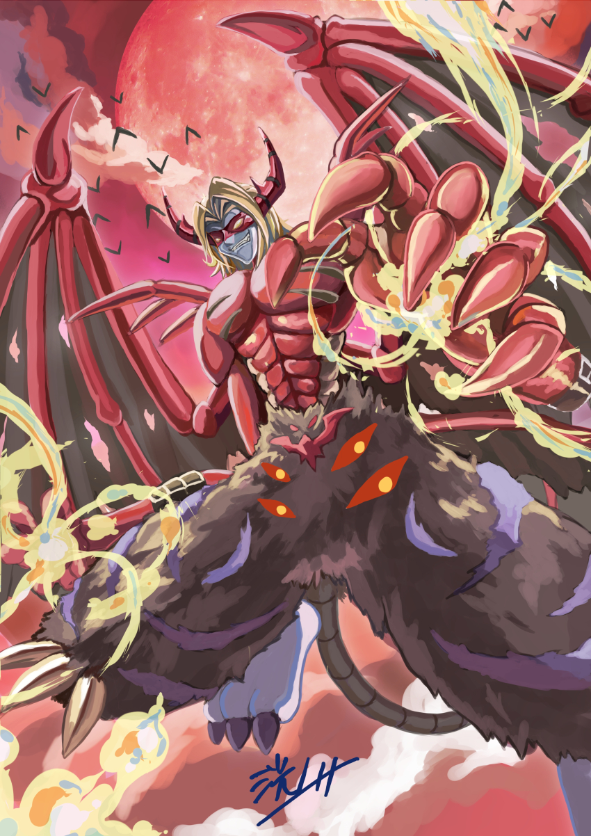 1boy absurdres bat_(animal) body_fur colored_skin demon_wings digimon digimon_(creature) extra_eyes eye_mask foot_out_of_frame full_moon grey_skin highres horns kou_(xcws3487) male_focus moon parted_lips red_moon red_skin smirk solo spikes venomvamdemon wings