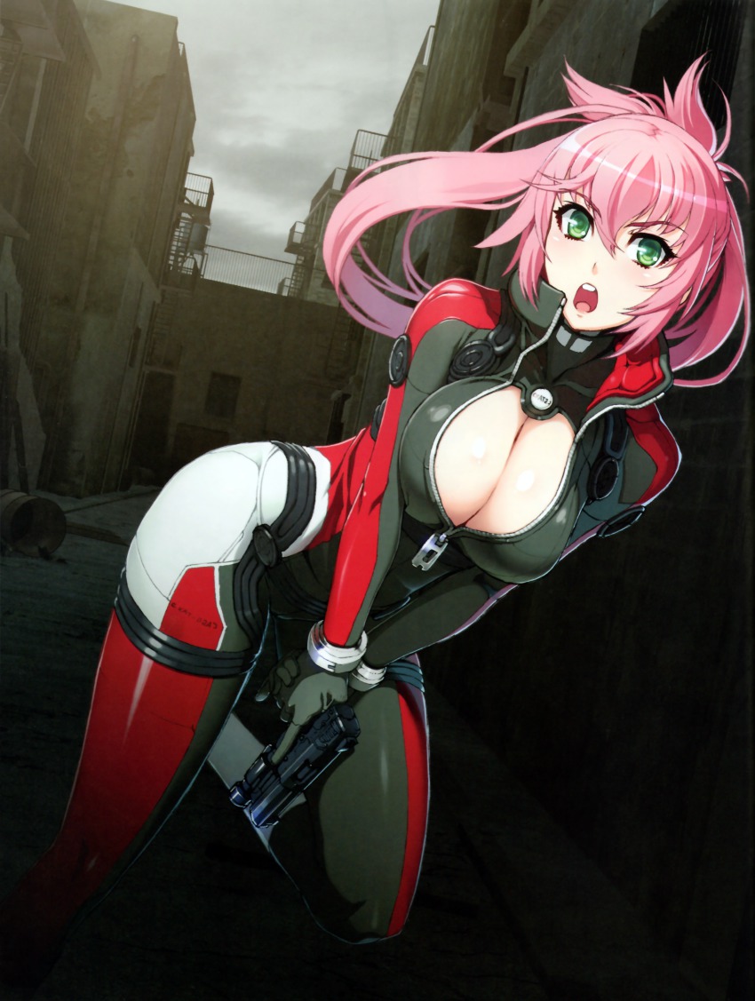 00s 1girl :o absurdres alley amanda_werner blassreiter bodysuit bracer breasts cleavage cleavage_cutout clothing_cutout female_focus green_eyes gun hair_between_eyes hair_rings handgun highres large_breasts long_hair nishii_(damnedrive) open_mouth outdoors pink_hair pistol running scan skin_tight solo weapon zipper