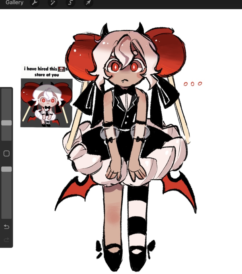 1girl black_bow black_bowtie black_dress bow bowtie candy_apple candy_apple_cookie candy_apple_hair_ornament cookie_run cookie_run:_kingdom dress food full_body highres humanization looking_at_viewer mako_ronii puffy_sleeves red_eyes reference_inset short_hair white_hair