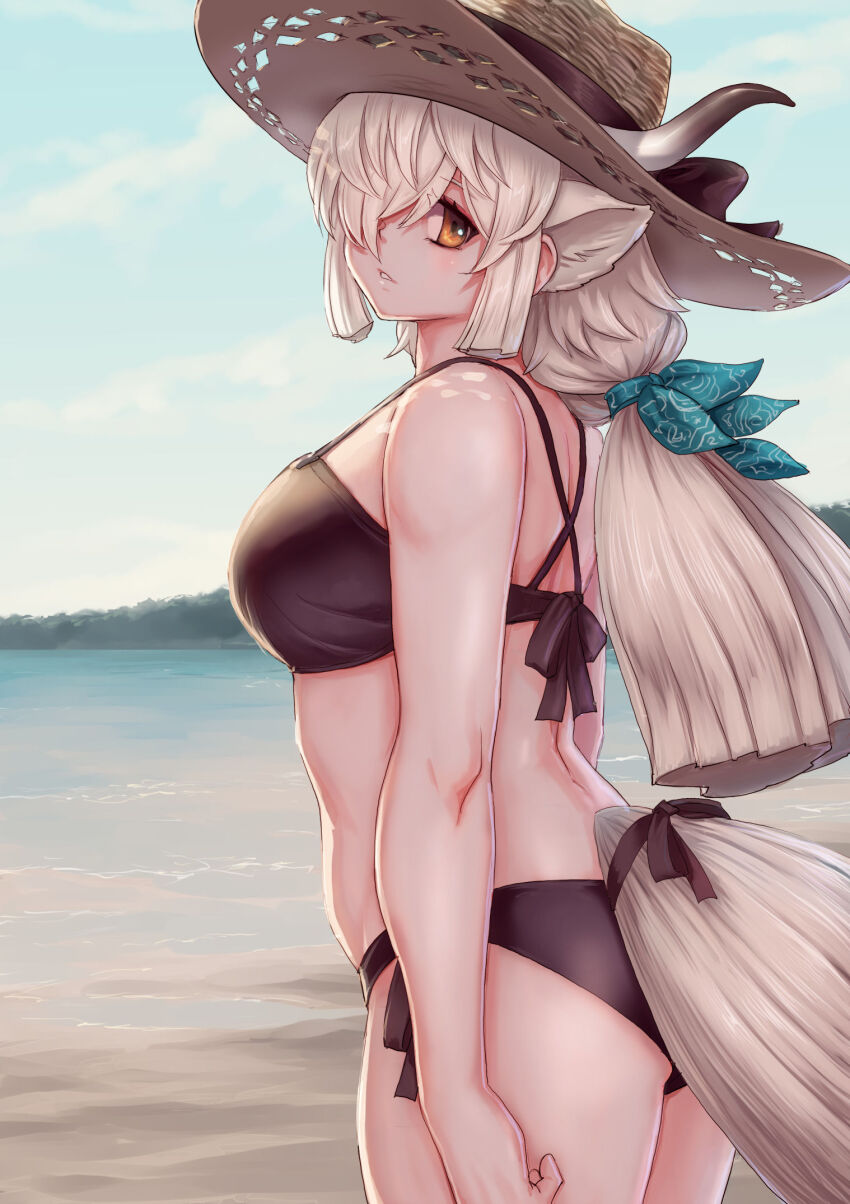 1girl animal_ears beach bikini black_bikini black_horns blush breasts brown_eyes extra_ears grey_horns hair_over_one_eye hat highres horns kemono_friends kemono_friends_3 kosai_takayuki large_breasts long_hair looking_at_viewer multicolored_horns ocean ox_ears ox_girl ox_horns ox_tail ribbon side-tie_bikini_bottom solo straw_hat swimsuit twintails white_hair yak_(kemono_friends)