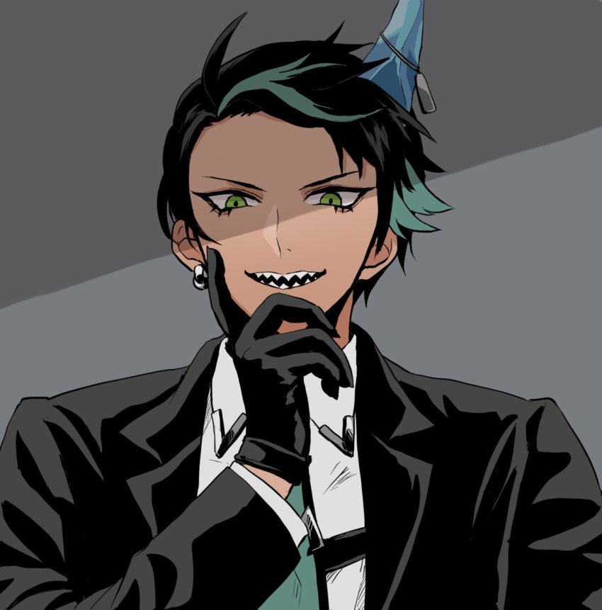1boy :d aragami_oga black_gloves black_hair black_jacket blouse collared_shirt dark-skinned_male dark_skin dog_tags earrings gloves green_eyes green_hair green_necktie grey_background hand_on_own_chin highres holostars horn_ornament horns ice_horns jacket jewelry looking_at_viewer male_focus mioto_(tsubsq_m) multicolored_hair necktie official_alternate_costume open_mouth shade sharp_teeth shirt short_hair simple_background single_earring single_horn smile solo straight-on streaked_hair teeth upper_body virtual_youtuber white_shirt
