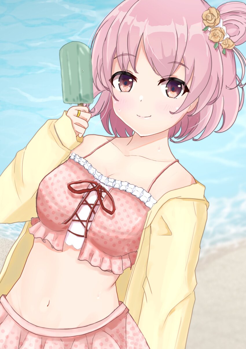 1girl arm_behind_back assault_lily bare_shoulders beach bikini bikini_skirt blurry blurry_background blush breasts cleavage closed_mouth collarbone commentary cross-laced_bikini cross-laced_clothes day ekakisyun flower food frilled_bikini frills groin hair_bun hair_flower hair_ornament hand_up highres hitotsuyanagi_riri holding holding_food holding_popsicle jacket jewelry long_sleeves looking_at_viewer medium_breasts navel off_shoulder official_alternate_costume official_alternate_hairstyle open_clothes open_jacket orange_flower orange_rose outdoors pink_bikini pink_eyes pink_hair polka_dot polka_dot_bikini popsicle ring rose short_hair single_hair_bun single_side_bun sleeves_past_wrists smile solo standing stomach sweat swimsuit swimsuit_cover-up upper_body water yellow_jacket