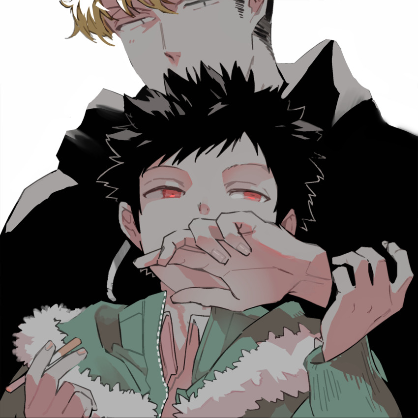 2boys black_hair black_hoodie blonde_hair cigarette couple covered_mouth covering_another&#039;s_mouth drawstring fur-trimmed_jacket fur_trim hand_over_another&#039;s_mouth hand_up hands_up height_difference highres holding holding_cigarette hood hood_down hoodie jacket kazama_souya kiss kissing_hand kzmsnmjkk long_sleeves looking_ahead male_focus multiple_boys pants portrait red_eyes short_hair simple_background suwa_koutarou undercut white_background world_trigger yaoi