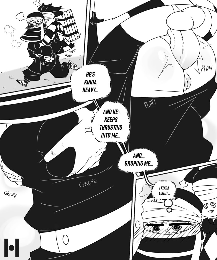 1boy 1girl absurdres anal ass blush breasts clothed_sex clothes english_text grabbing_another&#039;s_breast grabbing_own_breast groping hetero highres huge_penis kakushi_(kimetsu_no_yaiba) kamado_tanjirou kimetsu_no_yaiba looking_at_viewer mask medium_breasts monochrome penis pokkopit pussy sex sex_from_behind speech_bubble testicles translation_request veins veiny_penis