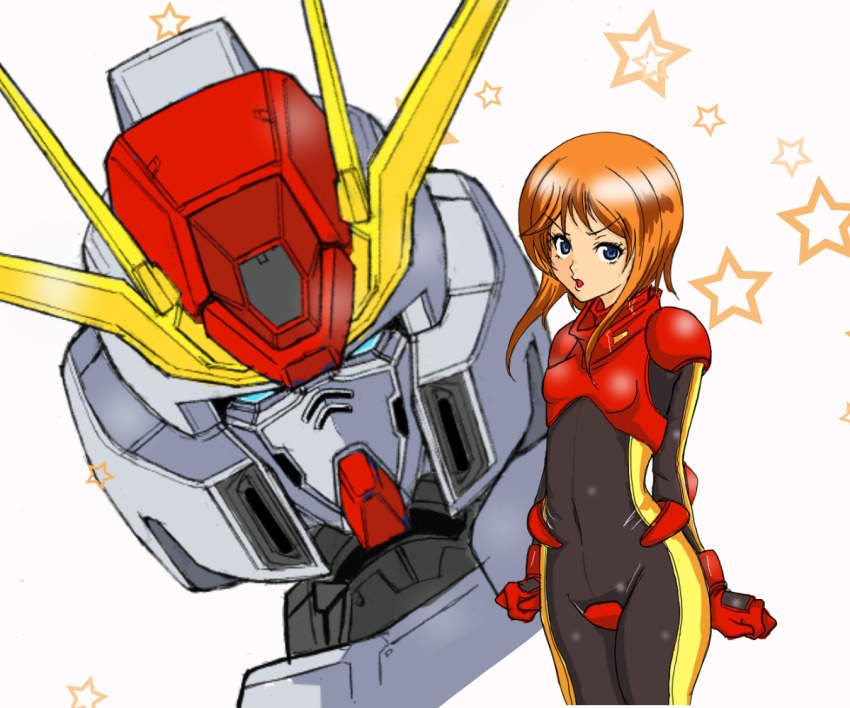 1980s_(style) blue_eyes commentary_request earth_federation fazz_(gundam) gundam gundam_sentinel gundam_zz huo_ji_wu machinery mecha mecha_pilot_suit mobile_suit neo_zeon oldschool orange_hair puru_two retro_artstyle robot science_fiction star_(symbol) v-fin