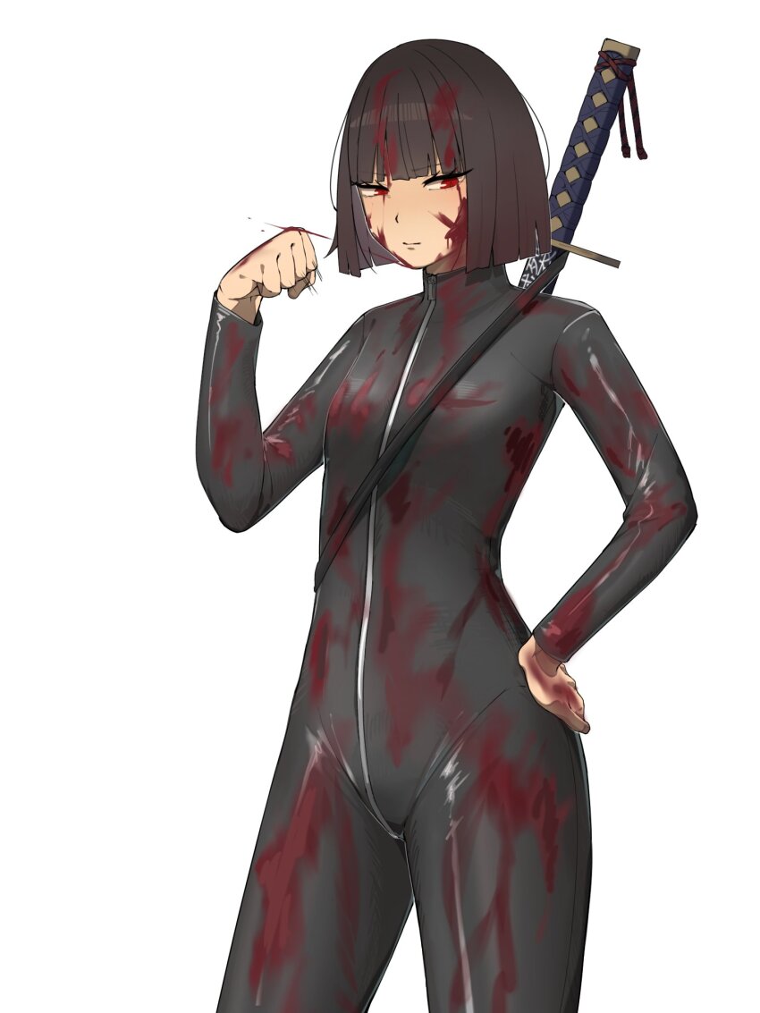 1girl black_hair black_track_suit blood blood_in_hair blood_on_clothes blood_on_face bob_cut breasts clenched_hand closed_mouth commentary_request hand_on_own_hip heiya_desu highres katana limbus_company long_sleeves looking_at_viewer project_moon red_eyes ryoshu_(project_moon) sheath sheathed short_hair simple_background small_breasts solo sword sword_on_back track_suit weapon weapon_on_back white_background