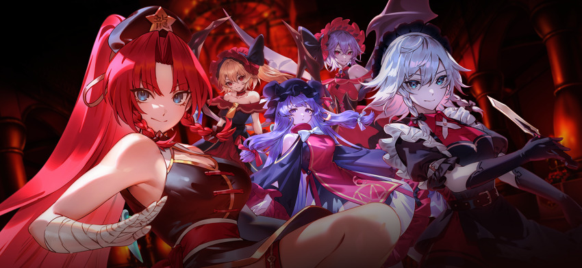 5girls bandaged_arm bandages bare_shoulders bat_wings beret black_bow black_dress black_gloves black_hair black_hat blonde_hair blue_bow blue_eyes bonnet bow braid breasts china_dress chinese_clothes choker cleavage closed_mouth clothing_cutout collarbone crescent crescent_hair_ornament dress flandre_scarlet game_cg gloves grin hair_between_eyes hair_bow hair_intakes hair_ornament hat hat_bow hat_ornament holding holding_knife hong_meiling izayoi_sakuya knife large_breasts long_hair long_sleeves looking_at_viewer maid_headdress medium_breasts medium_hair mob_cap multiple_girls off-shoulder_dress off_shoulder official_art outstretched_arm parted_bangs patchouli_knowledge ponytail puffy_short_sleeves puffy_sleeves purple_hair red_bonnet red_bow red_choker red_eyes red_hair remilia_scarlet short_hair short_sleeves shoulder_cutout side_braids sleeveless sleeveless_dress small_breasts smile star_(symbol) star_hat_ornament third-party_source touhou touhou_gensou_eclipse u_u_zan v-shaped_eyebrows very_long_hair white_bow white_hair wings