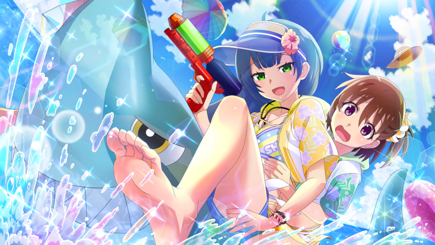 2girls :d akasaka_miyuki barefoot bikini blue_shorts blurry bracelet brown_hair cloud cropped_hoodie cumulonimbus_cloud day depth_of_field dutch_angle floral_print flower foot_out_of_frame game_cg green_eyes hair_flower hair_ornament hand_on_another&#039;s_hip hat highres higurashi_no_naku_koro_ni higurashi_no_naku_koro_ni_mei holding holding_water_gun hood hood_down hoodie inflatable_shark inflatable_toy jewelry kurosawa_chisame lens_flare light_rays long_hair looking_at_another looking_at_viewer multiple_girls non-web_source official_art one_side_up open_clothes open_hoodie open_mouth outdoors print_hoodie purple_eyes riding short_hair short_sleeves shorts smile sparkle splashing summer sun_hat sunbeam sunlight surprised swimsuit unworn_hat unworn_headwear visor_cap water water_gun
