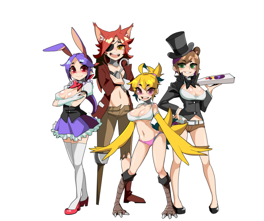 4girls animal_ears blonde_hair bongfill bonnie_(fnaf) brown_hair chica everyone five_nights_at_freddy&#039;s foxy_(fnaf) freddy_fazbear green_eyes hat high_heels looking_at_viewer multiple_girls navel personification purple_eyes purple_hair rabbit_ears red_eyes red_hair tail top_hat transparent_background yellow_eyes