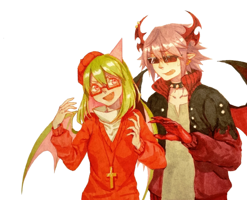 1boy 1girl commentary demon_boy demon_girl demon_horns demon_wings emalf_(funamusea) funamusea glasses haiiro_teien horns jacket looking_at_another lowrain pointy_ears red_sweater single_horn sweater wings yosafire_(funamusea)