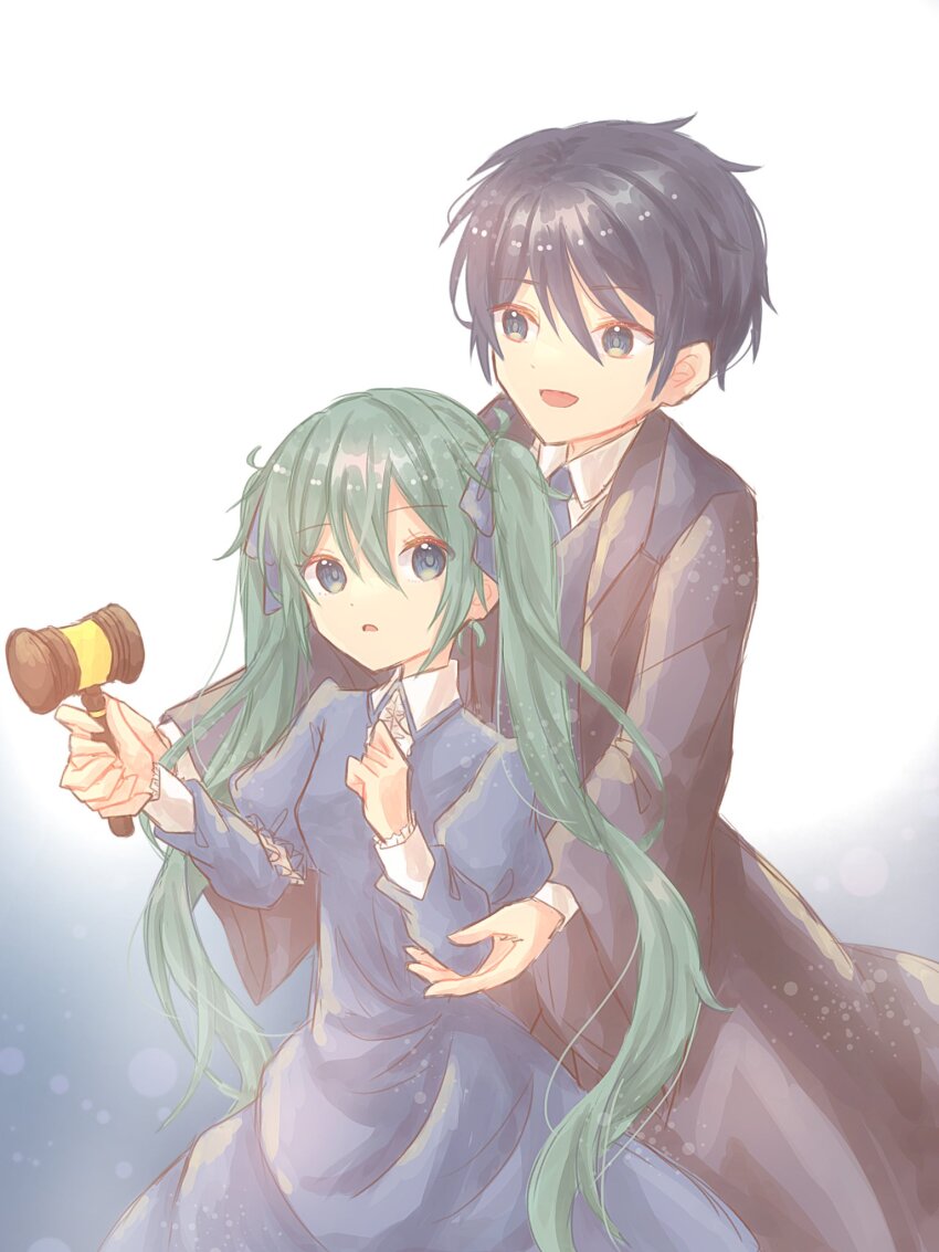 1boy 1girl aqua_eyes aquamarinu black_robe bloom blue_dress blue_eyes blue_hair blue_necktie blue_ribbon clockworker&#039;s_doll collared_dress collared_shirt dress evillious_nendaiki frilled_cuffs frilled_dress frills gallerian_marlon gavel green_hair hair_ribbon hatsune_miku highres holding holding_mallet houtei_no_nushi judge kaito_(vocaloid) long_hair long_sleeves mallet necktie ribbon robe shirt short_hair twintails very_long_hair vocaloid wide_sleeves