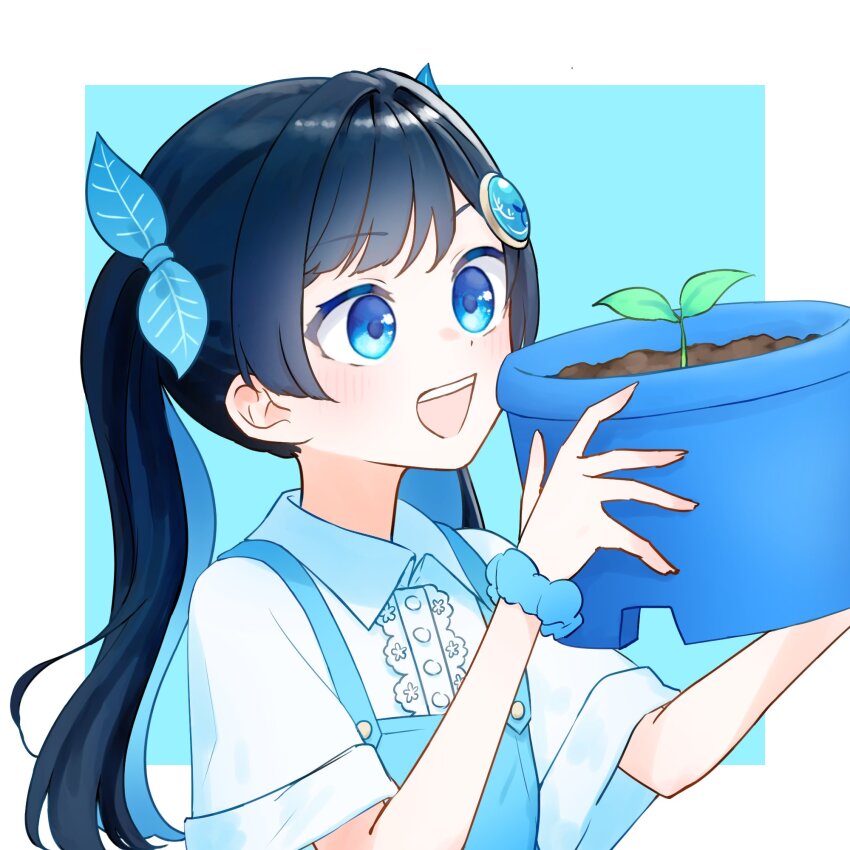 1girl :d aged_down black_hair blue_background blue_eyes blue_hair blue_overalls border cevio collared_shirt colored_inner_hair commentary_request flower_pot futaba_kominato futaba_minato hair_ornament highres holding holding_flower_pot jewelry koweraki leaf_hair_ornament long_hair looking_at_object multicolored_hair open_mouth outside_border overall_shorts overalls scrunchie shirt short_sleeves smile solo sprout swept_bangs teeth twintails upper_body upper_teeth_only white_border white_shirt