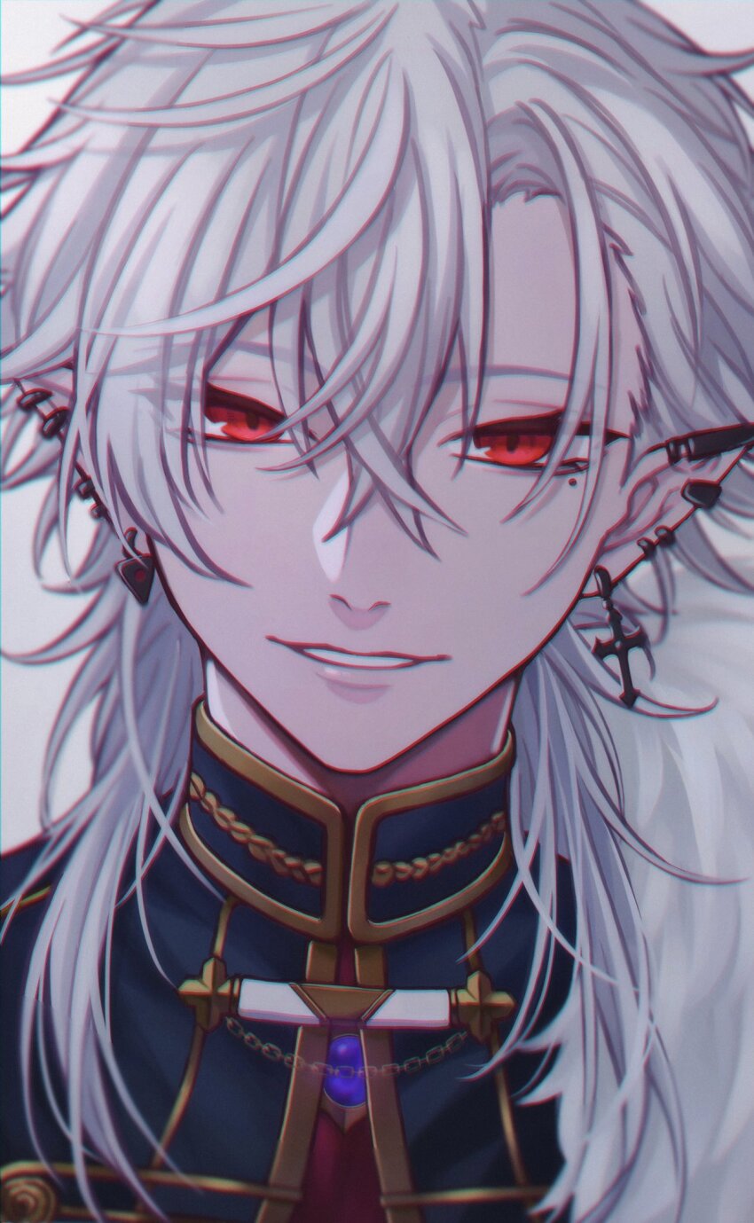 1boy blue_gemstone commentary cross cross_earrings crossed_bangs ear_piercing earclip earrings fur_trim gem hair_between_eyes hashtag-only_commentary high_collar highres hoop_earrings jacket jewelry kuzuha_(2nd_costume)_(nijisanji) kuzuha_(nijisanji) long_hair looking_at_viewer male_focus mole mole_under_eye moxamog nijisanji parted_lips piercing pointy_ears portrait red_eyes simple_background smile solo teeth virtual_youtuber white_background white_hair