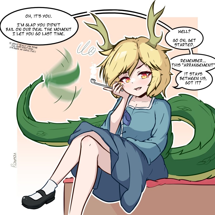 1girl absurdres antlers artist_name black_shoes blonde_hair blue_shirt blue_skirt collarbone crossed_legs dragon_girl dragon_tail english_text fanning_self flat_chest foot_out_of_frame gradient_eyes highres holding holding_smoking_pipe horns kicchou_yachie looking_at_viewer multicolored_eyes open_mouth pov red_eyes rownou sharp_teeth shirt shoes short_hair sitting skirt slit_pupils smoking_pipe socks solo speech_bubble tail teeth touhou turtle_shell white_socks yellow_eyes